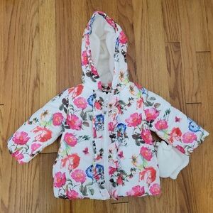 Rothschild Baby Girl Puffer Coat Size 12 Months Ink White Blue Floral w/ mittens